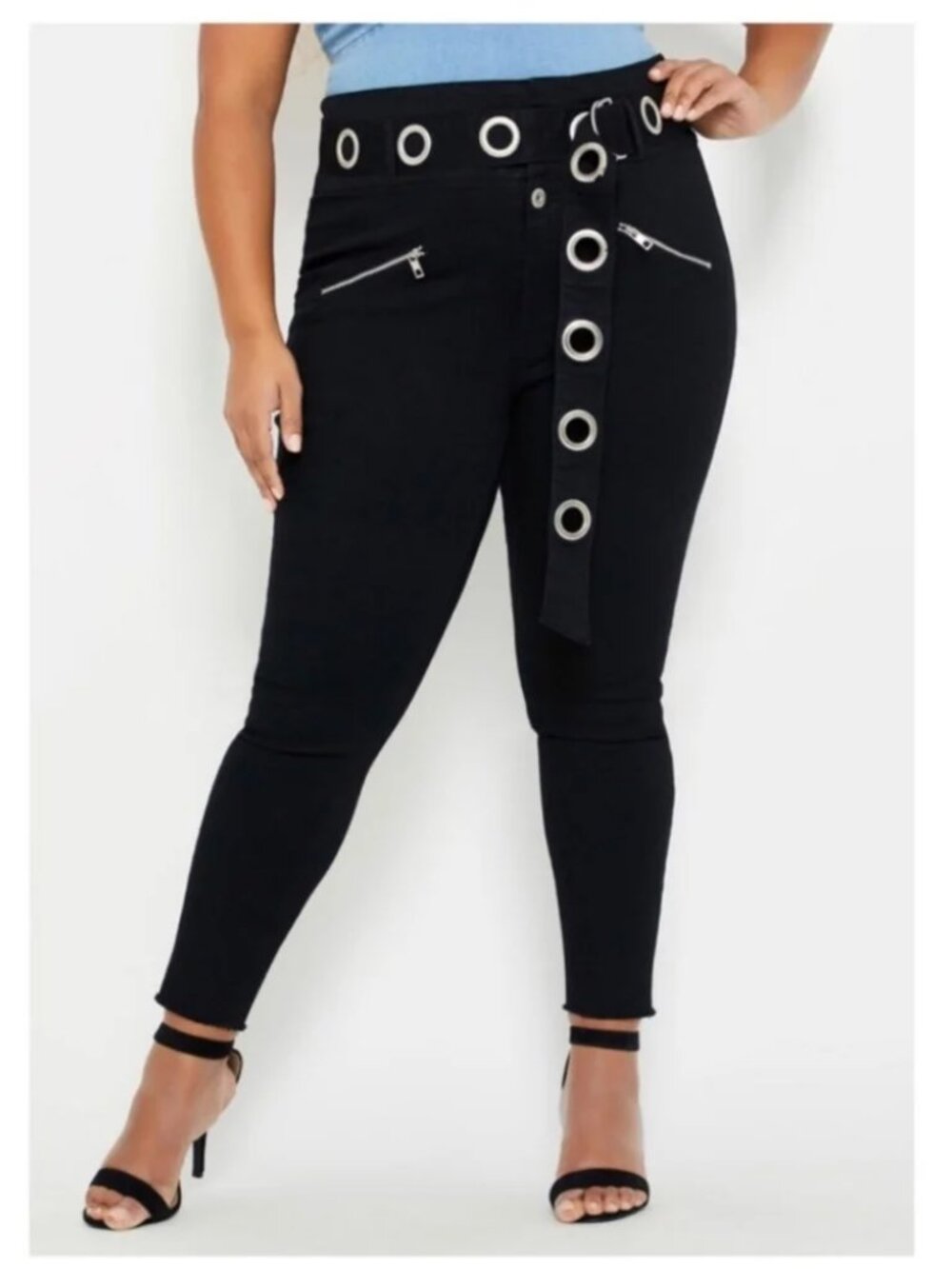 Ashley Stewart Black High Rise Grommet Belt Jeans 20